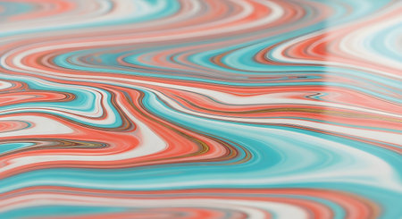 A close-up abstract view of marbled paint with flowing patterns of coral, teal, and white, creating a vibrant, organic texture.の素材