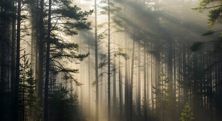 Sunlight streams through tall trees in a dense forest, illuminating mist and creating dramatic light shafts.の素材