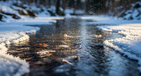 A shallow stream flows through a snowy landscape, its surface reflecting the warm sunlight filtering through the trees.の素材