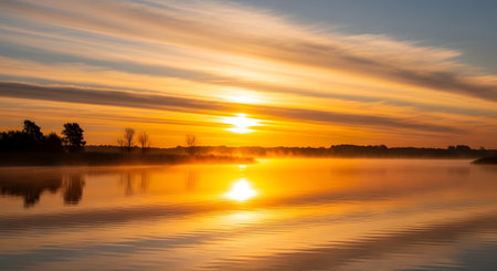 A brilliant sunrise paints the sky with fiery orange and yellow hues, reflected perfectly on the still water below.の素材