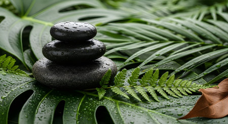 A stack of dark, smooth zen stones rests on large, wet green tropical leaves, evoking a sense of calm and nature.の素材