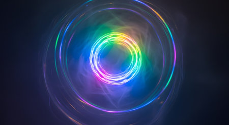 Abstract circular pattern created by vibrant, multi-colored light trails against a dark background, showcasing a spectrum of colors.の素材