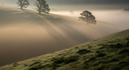 Golden sunbeams dramatically break through morning mist, illuminating scattered trees on a dew-kissed, grassy hillside.の素材
