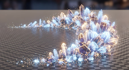 A shimmering, abstract formation of crystalline structures with glowing light trails, set against a checkered surface.の素材