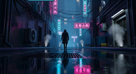 A solitary figure stands in a dark, wet alleyway illuminated by vibrant neon signs and futuristic lighting.の素材
