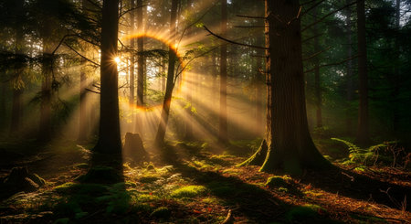Sunlight streams through dense trees, illuminating the forest floor with a magical, ethereal glow and creating a circular light effect.の素材