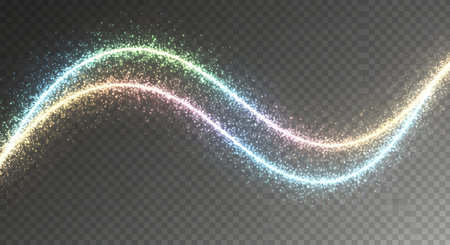 A dynamic, wavy trail of sparkling light particles in various rainbow colors flows across a transparent background.の素材
