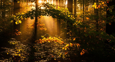 Sunlight streams through trees, illuminating the lush foliage and creating a magical, atmospheric forest scene.の素材