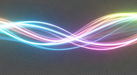 Wavy, luminous light trails in vibrant rainbow colors flow and intertwine against a dark, muted background, creating an abstract, energetic display.の素材