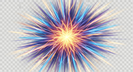 A dynamic explosion of colorful light rays radiates outwards from a bright, energetic core, creating a sense of power and motion.の素材