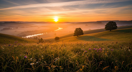 A vibrant sunrise casts a warm golden glow over misty rolling hills and a foreground field of crops, creating a serene landscape.の素材