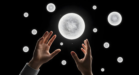 A person's hands are outstretched towards a large, bright orb surrounded by smaller glowing orbs against a black background.の素材