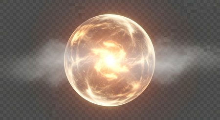 An oval-shaped, translucent orb radiates intense golden light from within, surrounded by ethereal wisps and lens flares.の素材