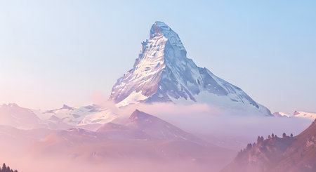 A majestic, snow-covered mountain summit pierces through ethereal pink and blue clouds, creating a serene and breathtaking landscape.の素材