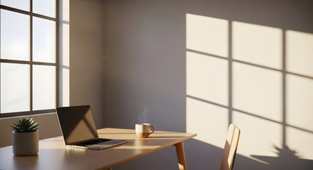 A sunlit room with a desk, laptop, and chair, bathed in the warm glow of window light creating distinct shadow patterns.の素材