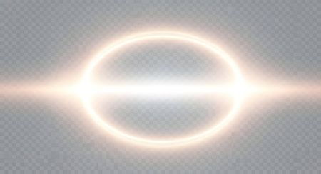 A glowing, circular ring of light emanates from a bright central point, creating a lens flare effect against a transparent background.の素材