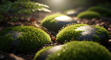 Close-up of round rocks covered in vibrant green moss, bathed in soft sunlight filtering through a forest canopy.の素材