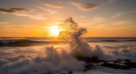A powerful ocean wave erupts against rocks during a vibrant sunset, illuminated by the golden sun.の素材