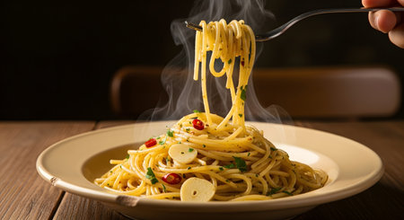 A fork lifts a generous portion of steaming spaghetti from a white plate, showcasing its delicious texture and aroma.の素材