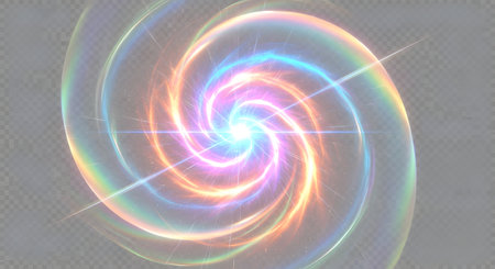 A luminous spiral galaxy with a bright, star-like core and swirling arms displaying a spectrum of pastel rainbow colors.の素材