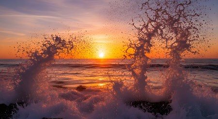 Golden sunset illuminates crashing ocean waves, creating a vibrant and dynamic seascape with spray and foam.の素材