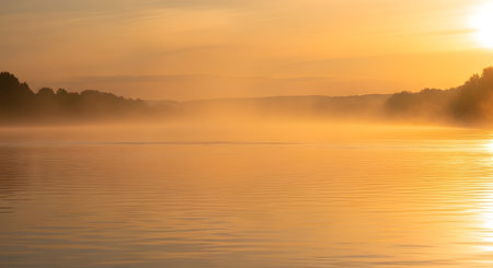 A serene river at sunrise, shrouded in mist, bathed in warm golden light reflecting on the water.の素材