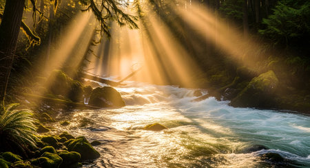 Golden sunbeams stream through dense forest foliage, creating a magical light show over a fast-flowing, rocky stream in this serene natural landscape.の素材