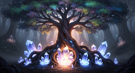 A majestic, ancient tree stands in a dark forest, surrounded by glowing blue crystals and emanating a warm, mystical light.の素材
