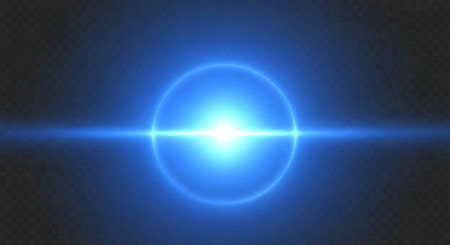 A vibrant blue lens flare emanates from a bright white light source, creating an oval halo and a horizontal light streak against a dark background.の素材