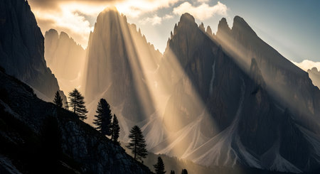 Golden sunbeams stream through jagged mountain peaks, illuminating the sky with a breathtaking, ethereal glow. Silhouetted trees add depth.の素材