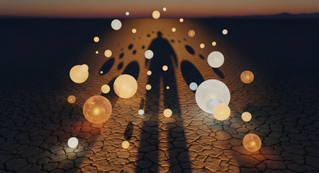 A silhouette of a person walks down a path surrounded by numerous glowing lanterns floating in the air during twilight.の素材