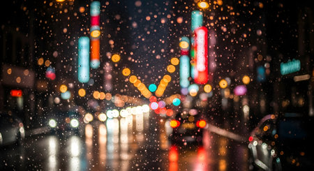 A blurred, atmospheric view of a city street at night during a rain shower, with colorful neon lights reflecting on the wet pavement.の素材