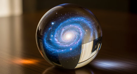 A mesmerizing spiral galaxy with vibrant blue and white light is captured within a polished, egg-shaped object, reflecting its surroundings.の素材