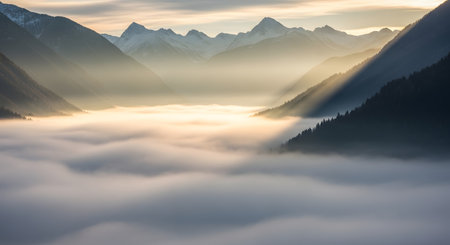 Sunlight breaks through mist in a dramatic mountain valley, illuminating the clouds below with warm golden hues.の素材