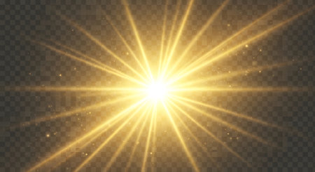 A radiant golden starburst emanates from a central point, casting luminous rays and subtle sparkling particles against a transparent background.の素材