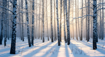 Tall, slender birch trees stand in a winter forest, their branches dusted with snow. Sunlight streams through the trunks, casting long shadows on the snowy ground.の素材
