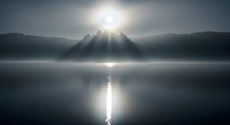 A serene lake reflects the sun's rays as they pierce through a thick morning fog, illuminating distant mountains.の素材