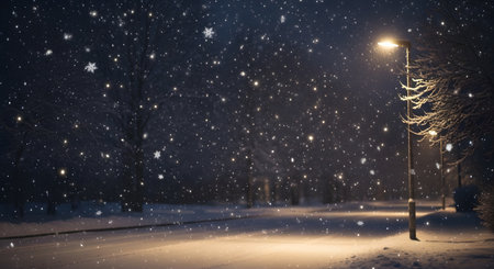 A serene winter night with heavy snowfall. A lone streetlamp casts a warm glow on a snow-covered path winding through dark trees.の素材