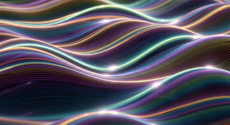 A mesmerizing abstract visualization of flowing wavy lines with vibrant, glowing colors in a dark, textured background.の素材