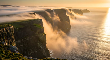 Towering, sheer cliffs dramatically meet the ocean, shrouded in mist and illuminated by the warm glow of a rising sun.の素材