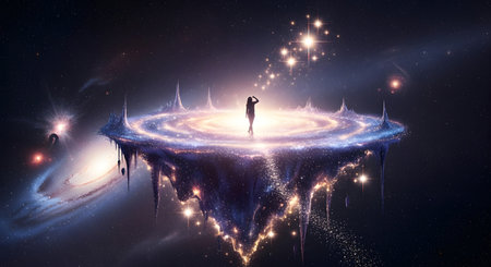 A solitary silhouette stands on a glowing, levitating island surrounded by a vibrant nebula and twinkling stars in a vast, dark cosmos.の素材