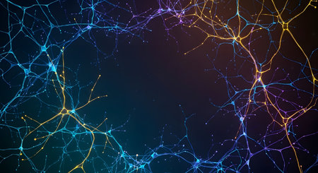 A dark background is illuminated by a vibrant, abstract network of interconnected glowing lines in various colors.の素材