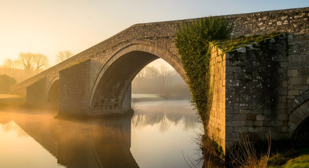 A historic stone arch bridge spans a calm river, bathed in the warm, golden light of a misty sunrise.の素材