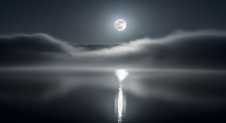 A bright, glowing moon hangs in a dark, misty sky, its reflection shimmering on a still, dark body of water.の素材
