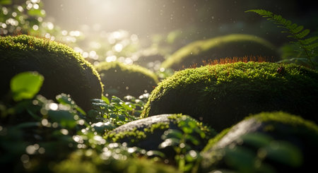 Golden sunlight streams through a dense forest canopy, highlighting vibrant green moss on rocks and delicate plants.の素材