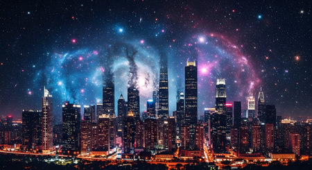 A vibrant, illuminated city skyline is set against a backdrop of a swirling, colorful cosmic nebula and a starry night sky.の素材