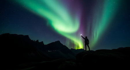 A lone figure stands on a dark, rocky landscape, silhouetted against a breathtaking display of the aurora borealis in vibrant green and purple hues.の素材