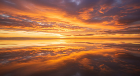 A breathtaking sunset paints the sky with intense oranges, reds, and purples, mirrored perfectly in the still water below.の素材