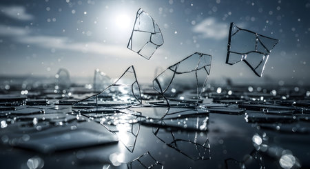 Sharp, translucent glass shards suspended mid-air above a dark, reflective surface under a starry, ethereal sky.の素材