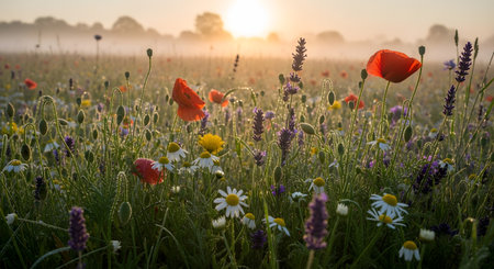 A sun-drenched meadow bursts with colorful wildflowers, including red poppies, white daisies, and purple blooms, under a hazy sunrise.の素材